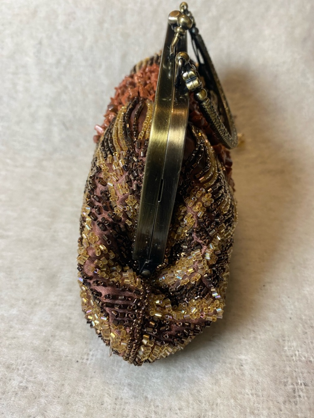 Beaded Brown Evening Clutch with Stone Center and Ornate Frame - Picture 4 of 8